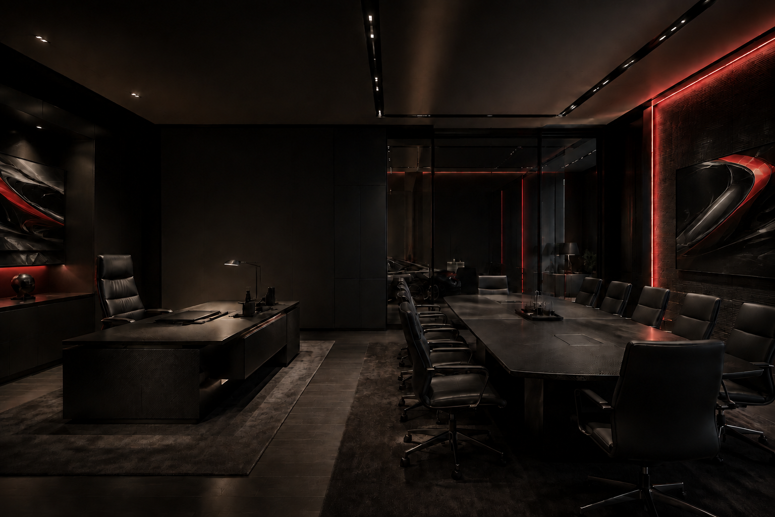 A cohesive dark executive boardroom and private workspace with restrained red accents